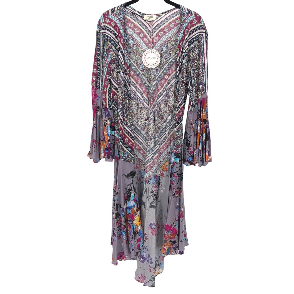Umgee Kimono Women Small Purple Floral Bell Sleeve Midi Ruffle Longline Boho NWT